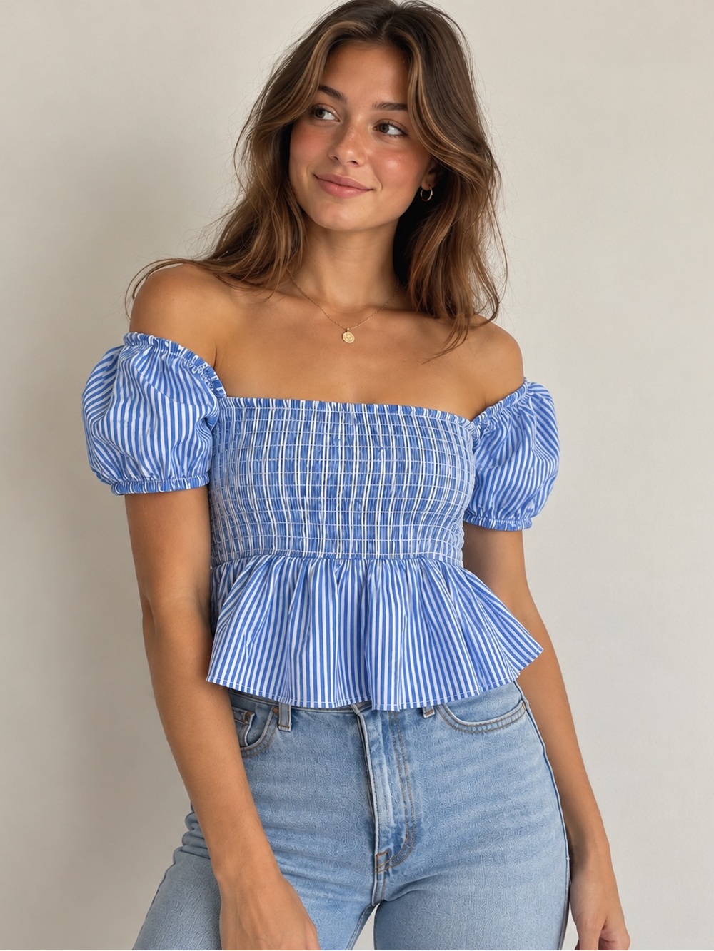 Blue White Striped Smocked Peplum Top Size S Puff Sleeve Cottagecore